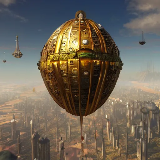 Image similar to enormous flying city in a faberge egg, sky, steampunk, fantasy art, unreal engine