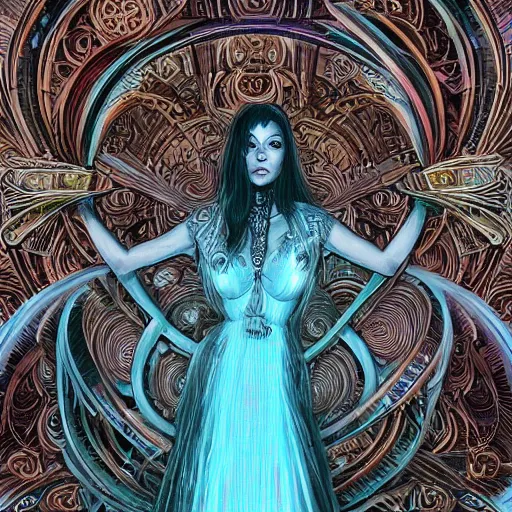 Prompt: a portrait of ornella muti as the goddess minerva surrounded by stacks of books, bioluminescent gown with deep level of detail of esoteric symbols, urban motifs, intricate, elegant, highly detailed, digital painting, trending on artstation, concept art, smooth sharp focus, illustration, art by artgerm and greg rutkowski