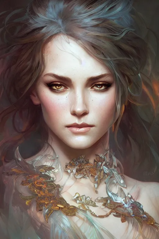 Image similar to up close portrait of a beautiful fae, d & d, face, fantasy, intricate, elegant, highly detailed, digital painting, artstation, concept art, smooth, sharp focus, illustration, art by artgerm and greg rutkowski and alphonse mucha