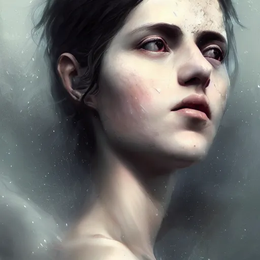 Image similar to portrait of a woman, dreamy, fantasy, pain, gritty, intricate, elegant, highly detailed, digital painting, artstation, concept art, matte, sharp focus, illustration, octane render, unreal engine, art by aenaluck and roberto ferri and greg rutkowski, epic fantasy, digital painting