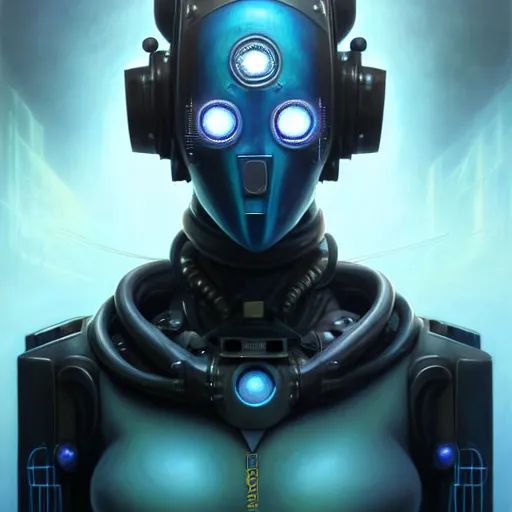 Prompt: front shot of a cyberpunk gazmask robot character, blue eye, chernobyl, intricate, elegant, highly detailed, centered, digital painting, artstation, concept art, smooth, sharp focus, illustration, artgerm, Tomasz Alen Kopera, Peter Mohrbacher, donato giancola, Joseph Christian Leyendecker, WLOP, Boris Vallejo