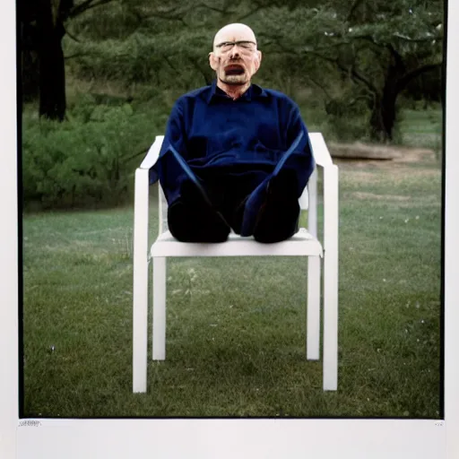 Prompt: walter white face sitting on chair photo by annie leibovitz 8 0 mm lens bokeh