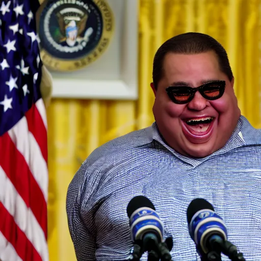 Image similar to presidential photo of Obese Obama holding a gun, press conference, laughing, giggling