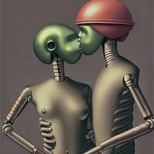 Prompt: portrait of an two half human half robots kissing each other wearing astro helmet with tight black latex dress tight suit, Edward Hopper and James Gilleard, Zdzislaw Beksinski, Mark Ryden, Wolfgang Lettl highly detailed