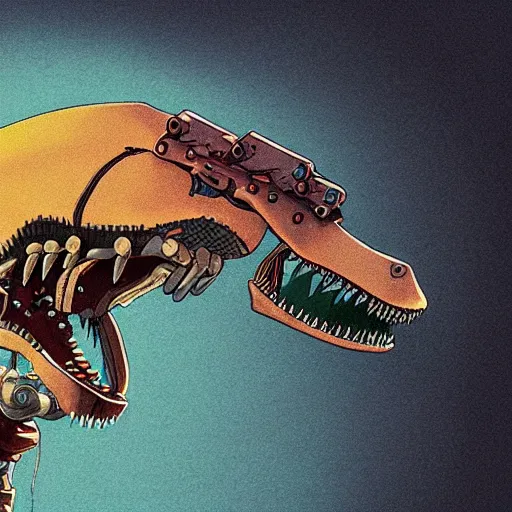 Prompt: a studio ghibli portrait of a robot T-rex made of mechanical parts, minimalist cartoonish psychedelic paleoart, realistic pixar style dinosaur