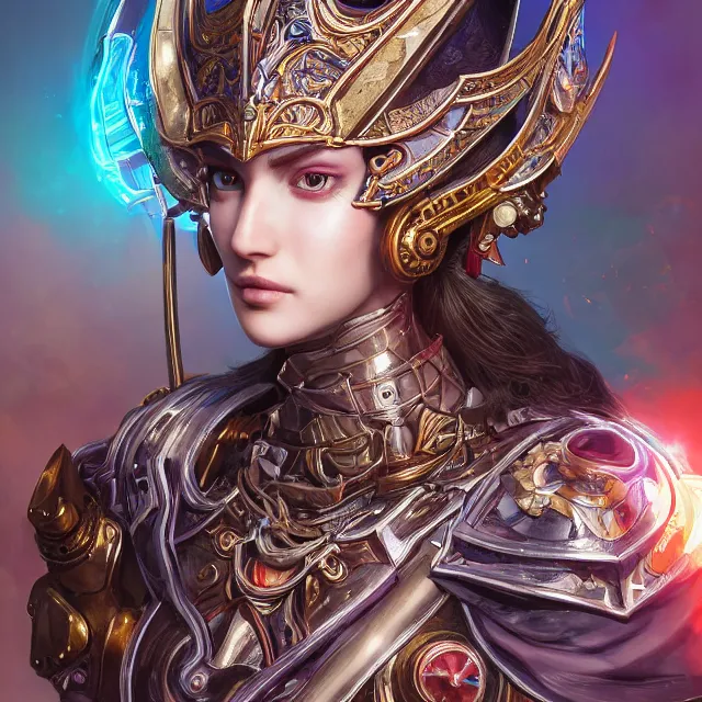 Image similar to studio portrait of lawful good colorful female holy mech paladin as absurdly beautiful, elegant, young woman, eye gear, ultrafine hyperrealistic detailed face illustration by kim jung gi, irakli nadar, intricate linework, sharp focus, bright colors, matte, octopath traveler, final fantasy, unreal engine highly rendered, global illumination, radiant light, intricate environment