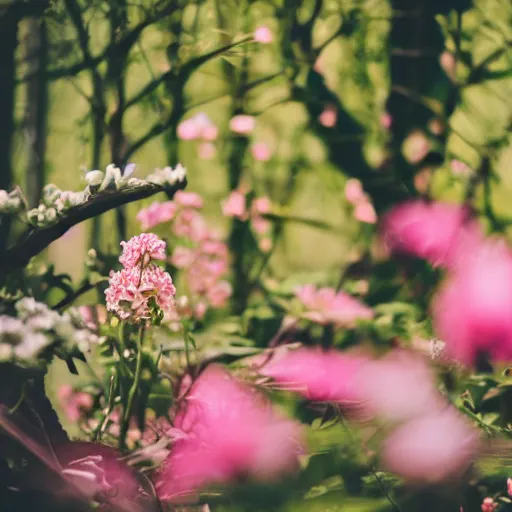 Image similar to cinematic medium shot of a woman body made completely of plants and flowers, shallow depth of field, garden setting