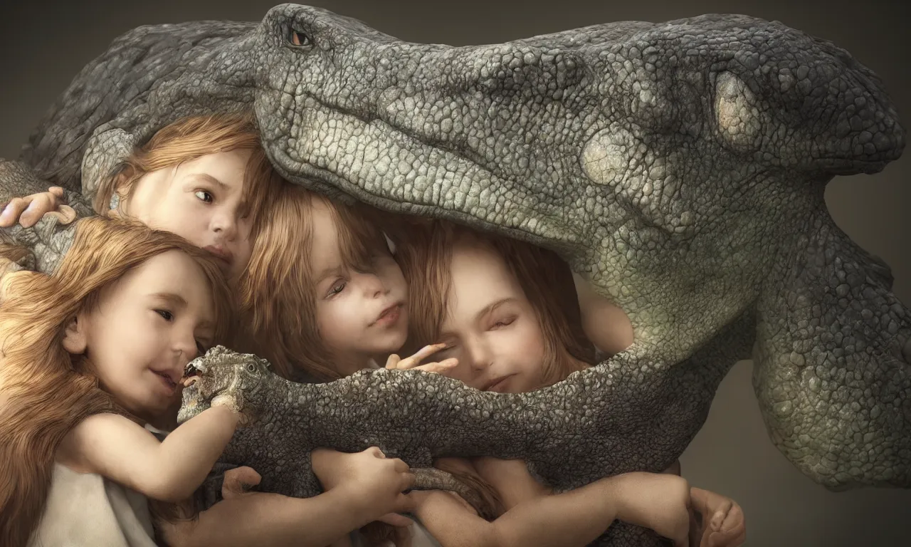 Prompt: portrait of a little girl cuddling with her beloved tyrannosaurus, very high detail, raytracing, back light, raymarching, by ilm, by digital domain, by weta digital