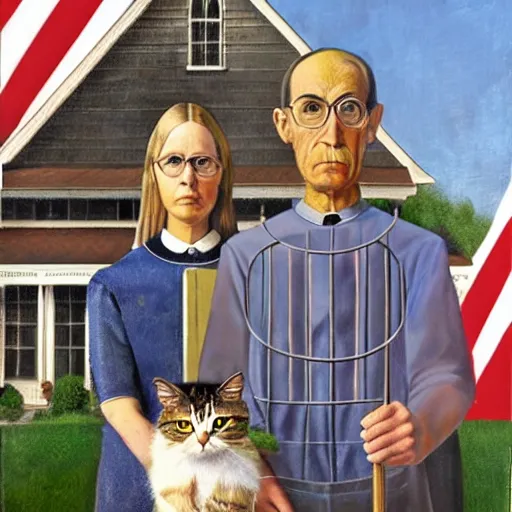 Image similar to american gothic but the man has a tabby cat face,