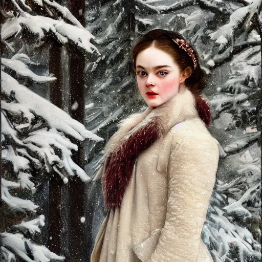 Image similar to Elle Fanning in the snow, by J. C. Leyendecker and Peter Paul Rubens, Extremely detailed. 8K. Award winning.