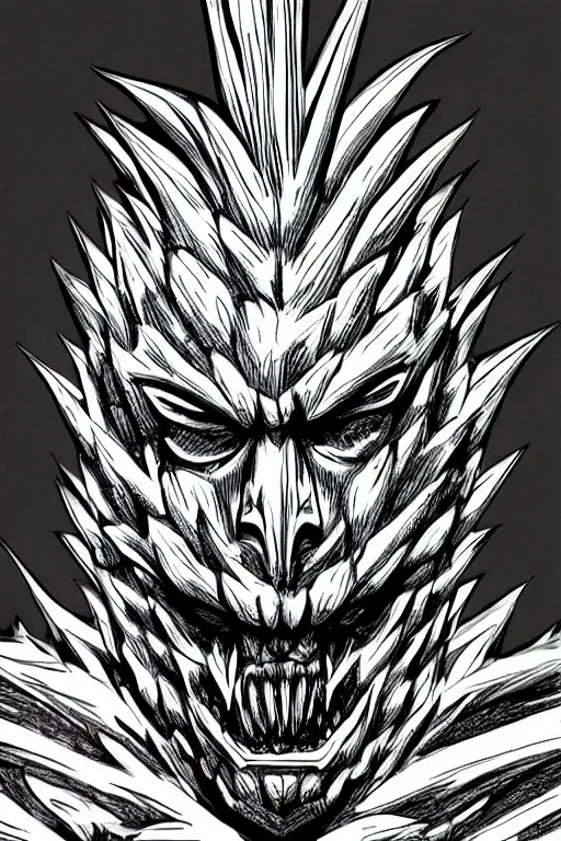 Prompt: pinapple humanoid figure monster, symmetrical, highly detailed, digital art, sharp focus, trending on art station, kentaro miura manga art style