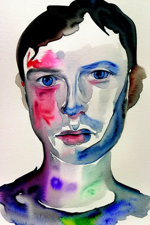 Image similar to watercolor in wet paper, a profile face portrait liquid white of a human white face that melt down flow go runny by marlene dumas, face painted with white thick fluid, detailed watercolor, light colors, grainy, contrast