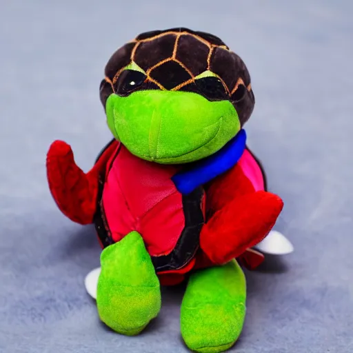 Prompt: a photograph of a turtle plush toy, he is happily playing drums, he is wearing a leather coat, vivid color, 50mm, depth of field