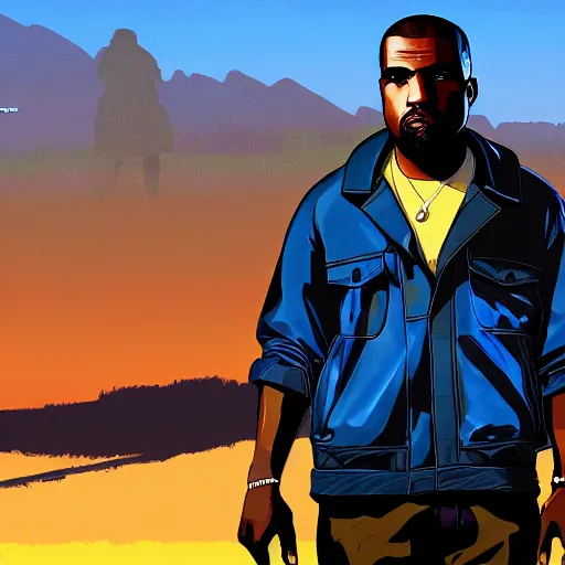 Image similar to illustration gta 5 artwork of kanye west, in the style of gta 5 loading screen, by stephen bliss