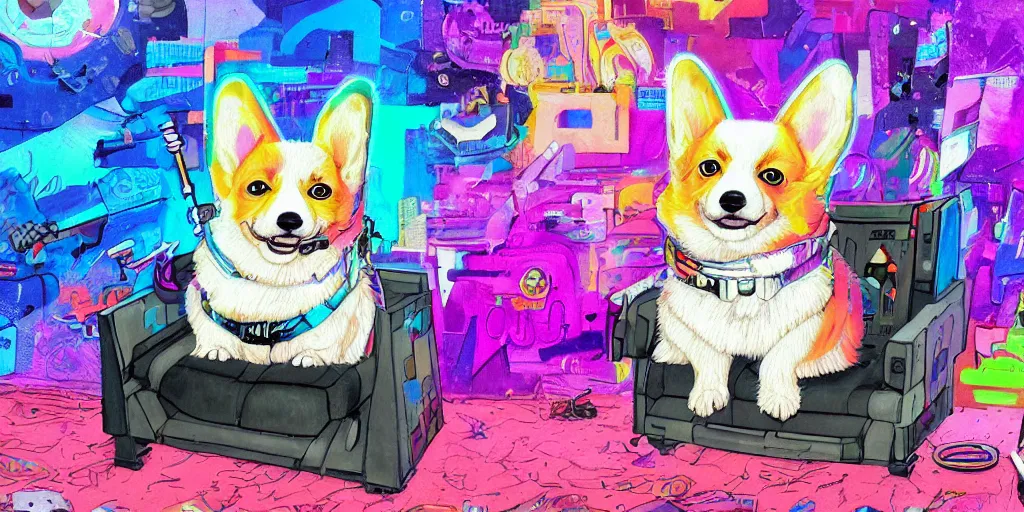 Prompt: highly detailed painting of a cute fluffy cyberpunk psychedelic hiphop corgi chilling on his throne, Zeen Chin and Farel Dalrymple , featured on Artstation, colorful graffiti, 8k, masterpiece