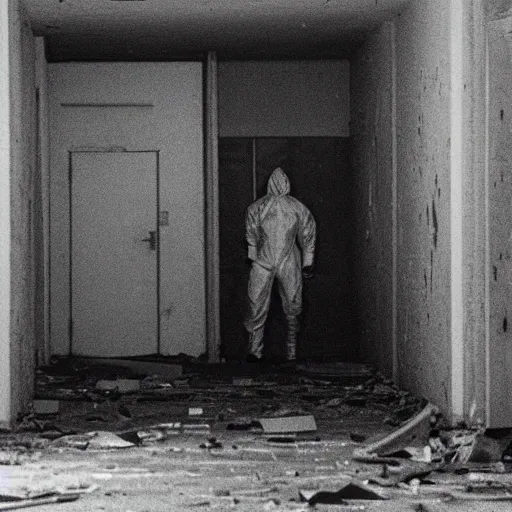 Image similar to 1990s surveillance found footage of an abandoned soviet downtown with a male humanoid SCP, liminal space, backrooms, scp, film grain, rundown, eerie, dark lighting, 35mm, realistic, photograph, hazmat suits, foggy, silent hill style