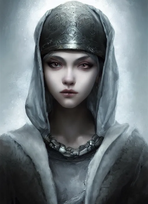 Image similar to girl with short white hair, tattered grey cloak, metallic asian conical hat, beautiful highly detailed face, beautiful painting by artgerm and greg rutkowski and raymond swanland