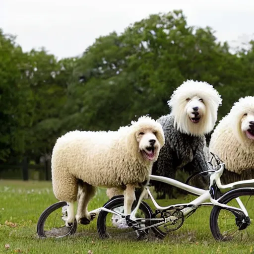 Prompt: two old english sheep dogs on a tandem bicycle