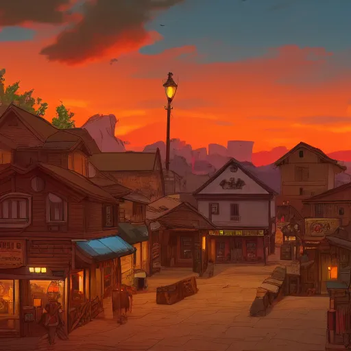 Prompt: a western town at sunset illustration of a picture of a western town at sunset royalty, a digital rendering by Studio Ghibli, shutterstock contest winner, ashcan school, 2d game art, playstation 5 screenshot, matte drawing