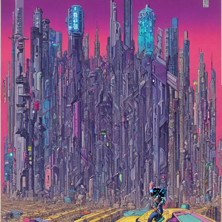 Image similar to ( ( ( ( cyberpunk city ) ) ) ) by mœbius!!!!!!!!!!!!!!!!!!!!!!!!!!!, overdetailed art, colorful, artistic record jacket design