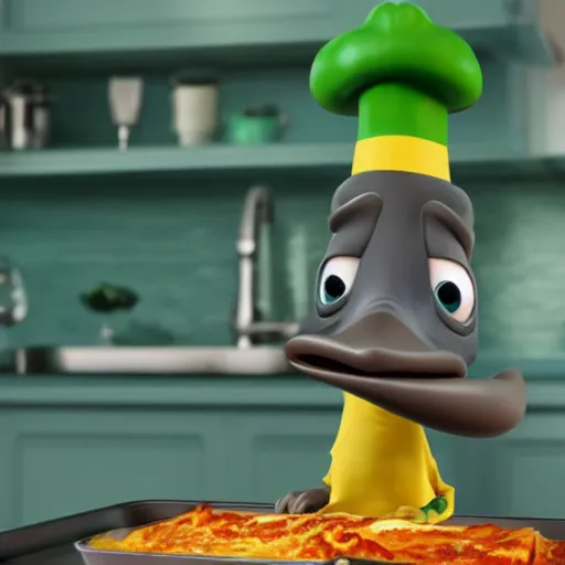 Image similar to pixar 3 d style cute platypus on a kitchen wearing a chef hat and holding a lasagna into an oven, with three basil leaves over the lasagna, pixar style, 3 d, ratatouille style