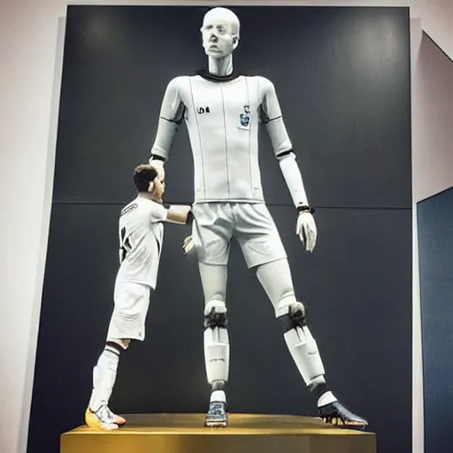 Image similar to “ a realistic detailed photo of a guy who is an attractive humanoid who is half robot and half humanoid, who is a male android, soccer player antoine griezmann, shiny skin, posing like a statue, blank stare, at the museum, on display ”