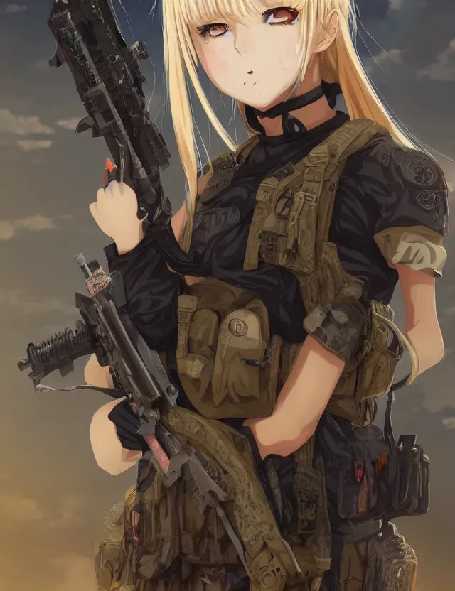 Image similar to an anime portrait of a blonde vampire girl in desert camo tactical gear, trending on artstation, digital art, 4 k resolution, detailed, high quality, sharp focus, hq artwork, coherent, insane detail