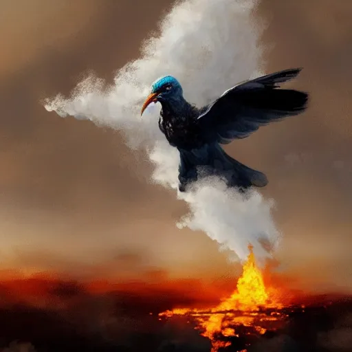 Prompt: Painting of a flying huge bird on fire trailing smoke from its wings, artstation, detailed