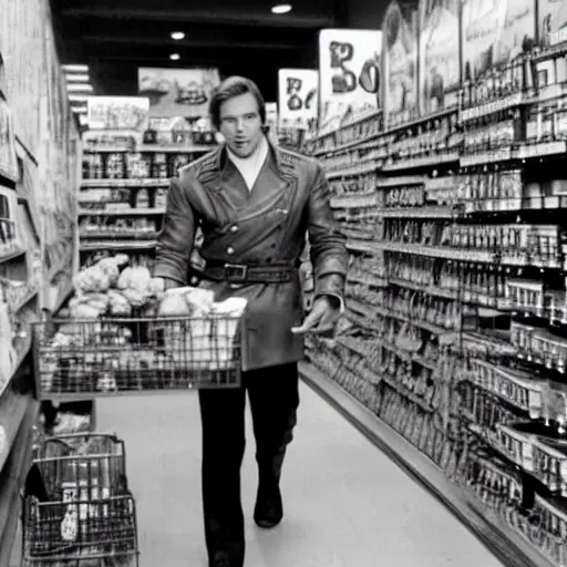 Prompt: film still of Flash Gordon shopping for groceries