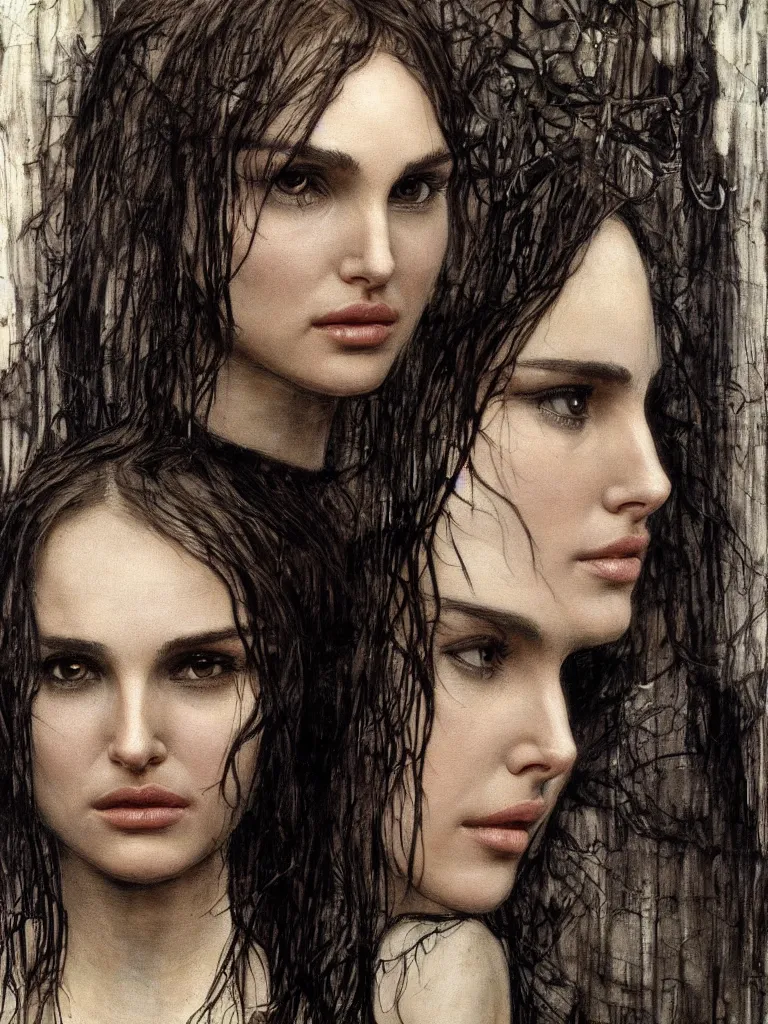 Image similar to a beautiful portrait of natalie portman by h.r. giger and by arthur rackham and by john william waterhouse, detailed, proportional, trending on art station, 4k