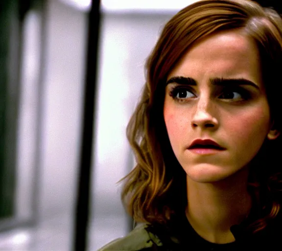 Prompt: color still shot of emma watson in film total recall, face closeup,