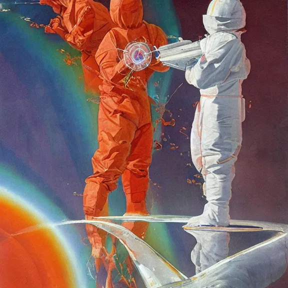 Prompt: two scientists in one red and one white hazmat suit entering the geometric rainbow crystal dimensional gateway by frank frazetta