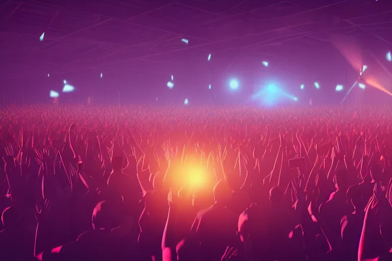 Prompt: crowd partying with their hands up at a festival, silhouette, moving head light beams, digital art, trending on artstation, 4k, unreal engine, intricate, ornate