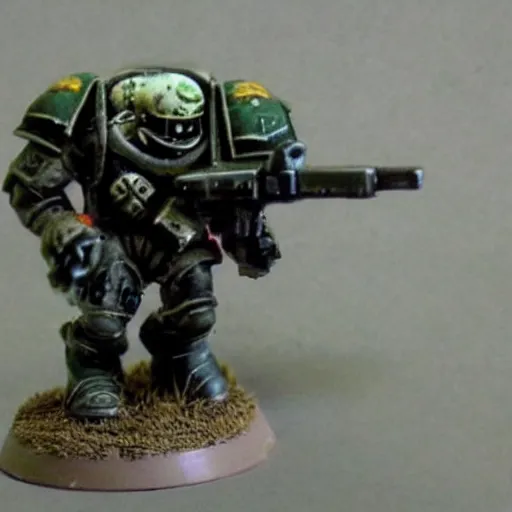 Prompt: real life space marine walking on human bloody dead bodies, shooting with heavy bolt rifle towards demons