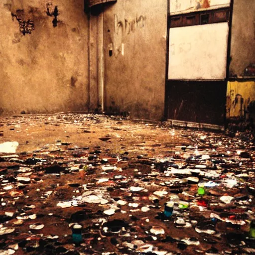 Prompt: lomo photo of empty night club, washed colors, empty bottles everywhere, dust and grease,