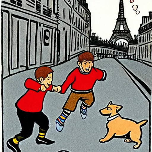 Image similar to illustration of french boy on the streets of paris playing football against a corgi, the dog is wearing a polka dot scarf, comic, 1 9 7 2