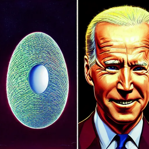 Image similar to portrait of immense, majestic, surreal, terrifying joe biden emerging from the cosmic egg, perfectly clear face, by j. c. leyendecker, alex grey, anato finnstark, bosch, and beksinski