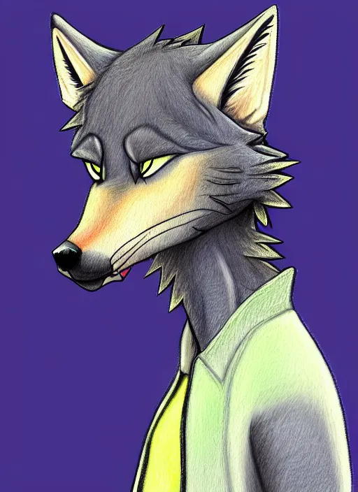 Image similar to expressive stylized master furry artist digital colored pencil painting full body portrait character study of the wolf small head fursona animal person wearing clothes jacket and jeans by master furry artist blotch