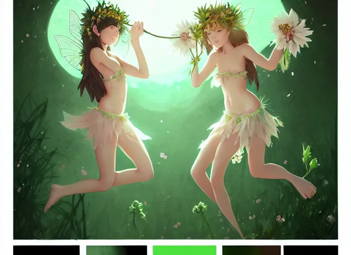 Image similar to two cute fairy girls playing with crown of flowers in plants bikini covered with celtic rune tattoos, fantasy, by atey ghailan, by greg rutkowski, by greg tocchini, by james gilleard, by joe gb fenton, by in kaethe butcher, dynamic lighting, gradient light green, brown, blonde cream and white color in scheme, grunge aesthetic
