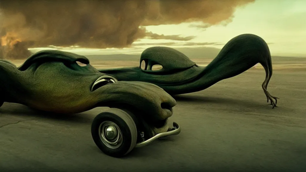 Image similar to the creature drives a hot rod, made of wax and water, film still from the movie directed by Denis Villeneuve with art direction by Salvador Dalí, wide lens