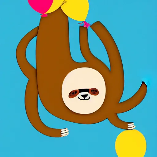 Image similar to book illustration of a sloth holding balloons, book illustration, monochromatic, white background