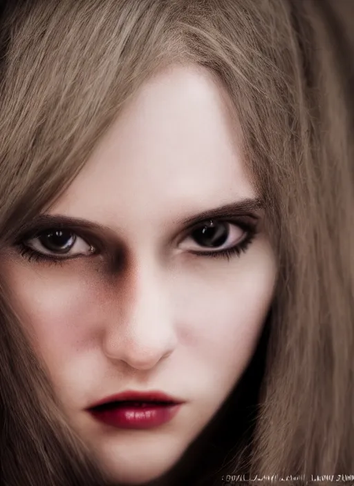 Prompt: closeup portrait of a young female vampire, depth of field, zeiss lens, detailed, symmetrical, centered, fashion photoshoot, by Annie Leibovitz and Steve McCurry, David Lazar, Jimmy Nelsson, Breathtaking, 8k resolution, extremely detailed, beautiful, establishing shot, artistic, hyperrealistic, beautiful face, octane render