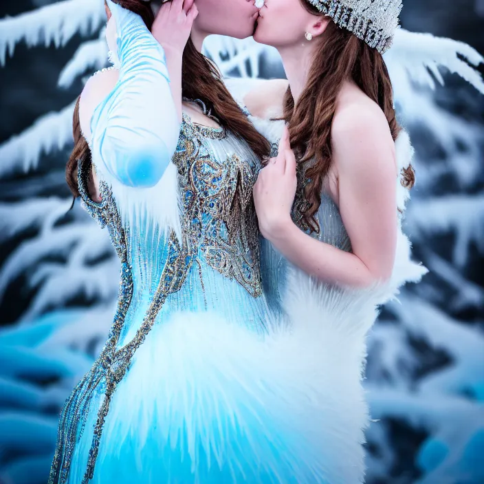 Prompt: photograph of a real-life beautiful ice queen in ornate dress kissing a woman. 8k