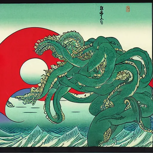 Image similar to ukiyo-e of Cthulhu rising from the depths