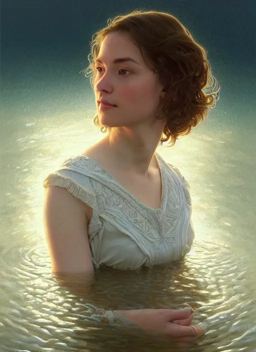 Image similar to full body portrait of a woman with short wavy hair, round face, cottagecore!!, lake water, submerged!!!, intricate, enlightened, highly detailed, digital painting, artstation, concept art, smooth, sharp focus, illustration, art by artgerm and greg rutkowski and alphonse mucha