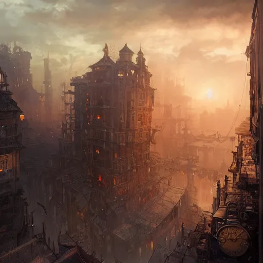 Image similar to steampunk city, sunrise, landscape, intricate, detailed, volumetric lighting, scenery, digital painting, highly detailed, artstation, sharp focus, illustration, concept art, ruan jia, steve mccurry