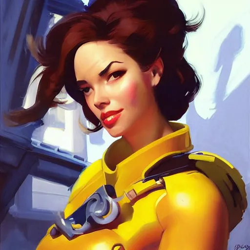 Image similar to greg manchess portrait painting of april o'neil as overwatch character, medium shot, asymmetrical, profile picture, organic painting, sunny day, matte painting, bold shapes, hard edges, street art, trending on artstation, by huang guangjian and gil elvgren and sachin teng