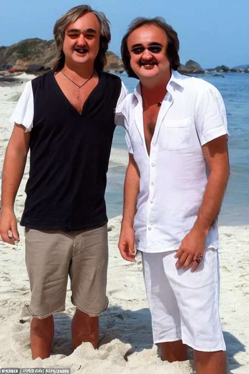 Prompt: Braco the gazer wearing a white shirt is on the beach with a different man who looks like john belushi, laughing