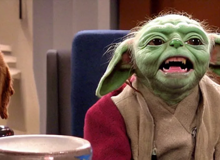 Prompt: a film still of a dog yoda in sitcom big bang theory