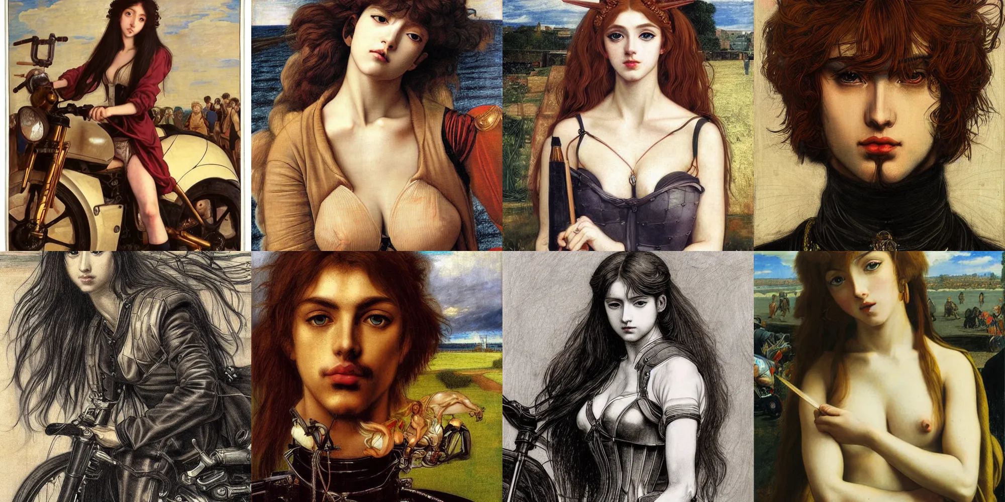 Prompt: well drawn anime a detailed painting of lady godiva posing in front of a motorcycle motorbike by thomas kinkad valentin de boulogne, dante gabriel rossetti, perfect symmetrical face, hyper realism, fine art hyperrealism